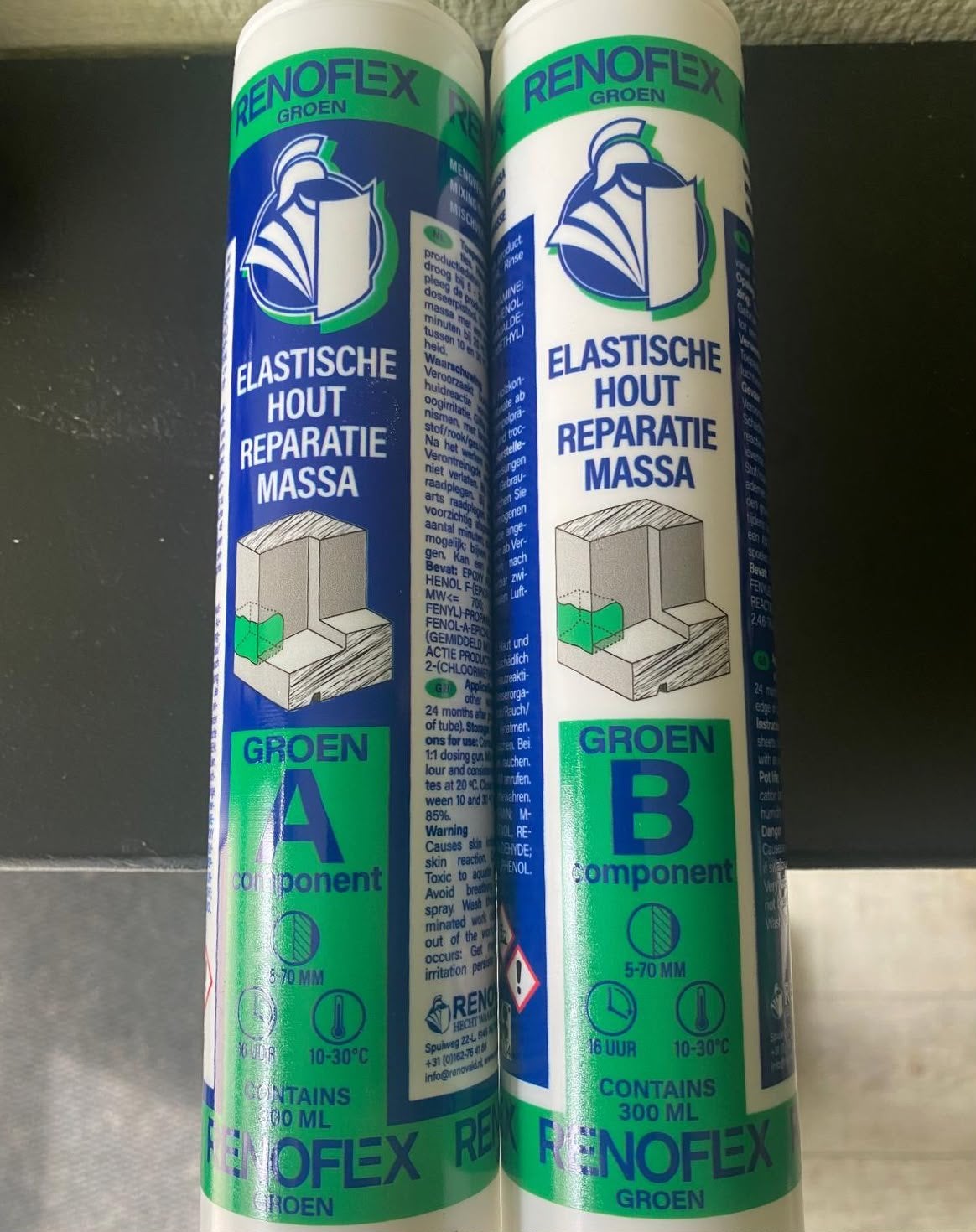 Renoflex Groen Elastische Hout Reparatie Massa (2x 300ml), Minder dan 5 liter, Ophalen of Verzenden, Nieuw, Groen