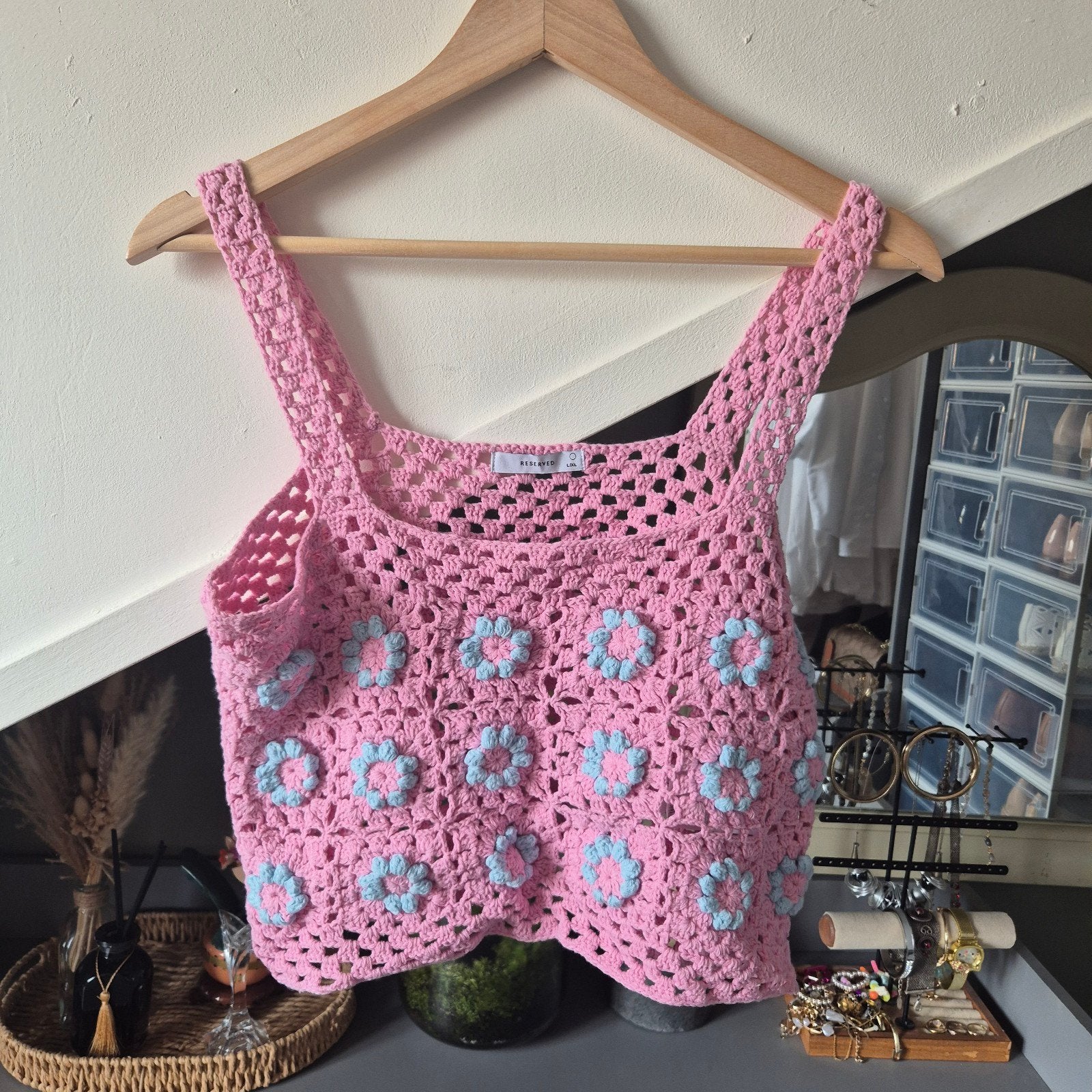 Reserved Roze Gehaakte Crop Top met Bloemen – Maat L - L/XL, Maat 46/48 (XL) of groter, Nieuw, Ophalen of Verzenden, Roze