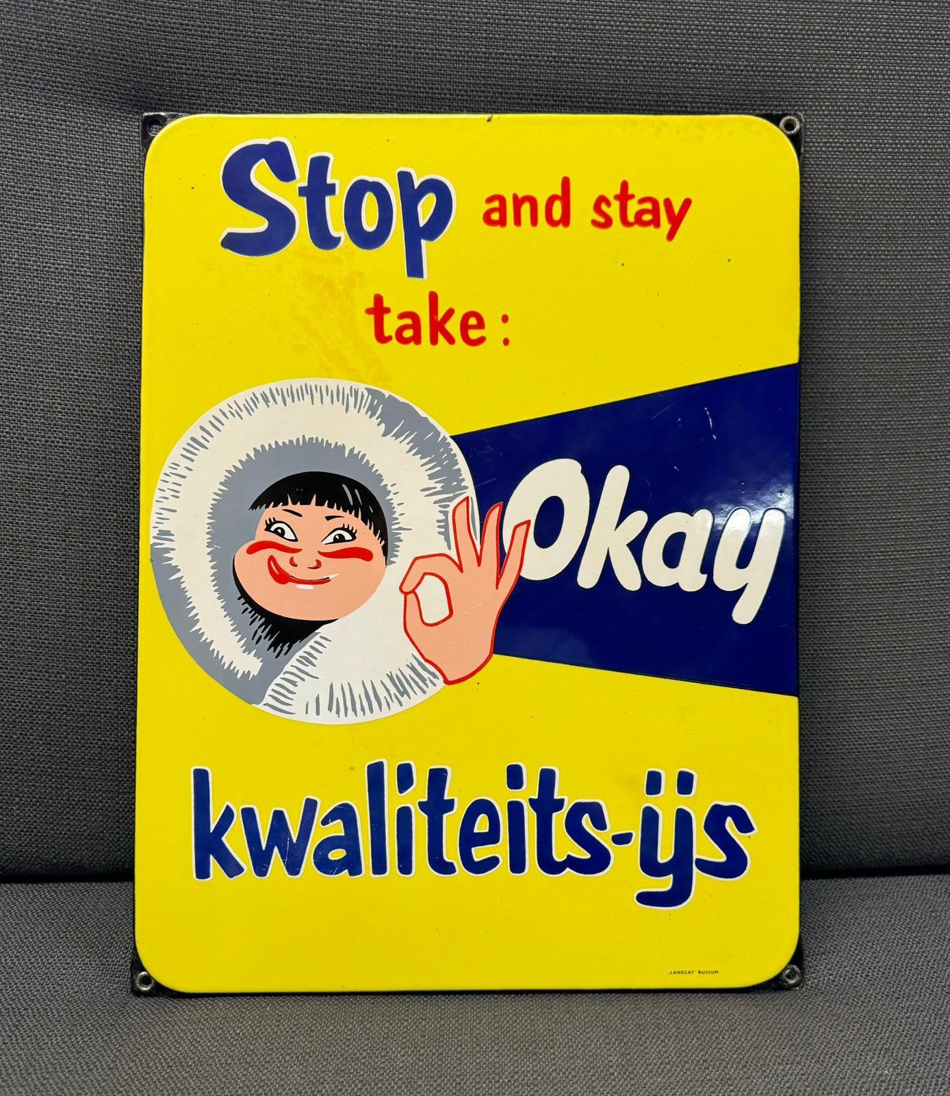 Te koop heel mooi emaille bord reclamebord Okay ijs Langcat, Ophalen of Verzenden