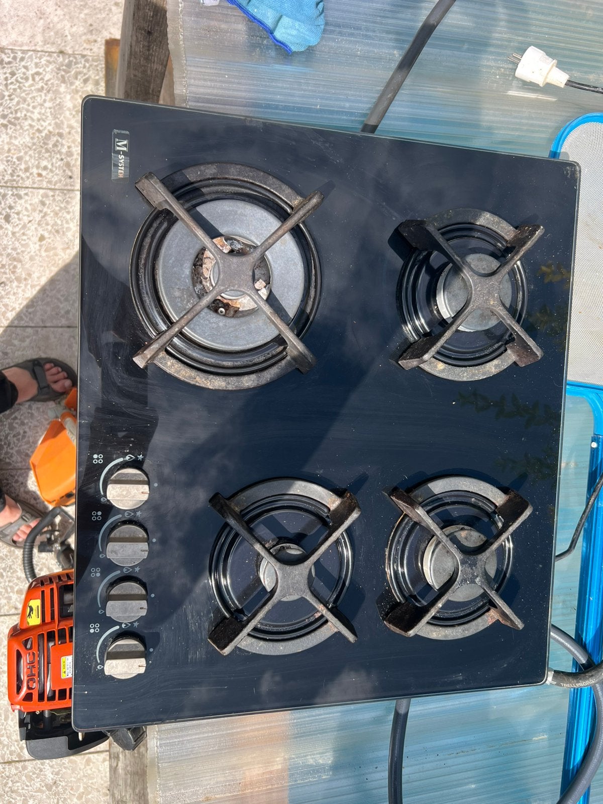 Gaskookplaat op glas m-system, Ophalen, 4 kookzones, Zo goed als nieuw, Inbouw