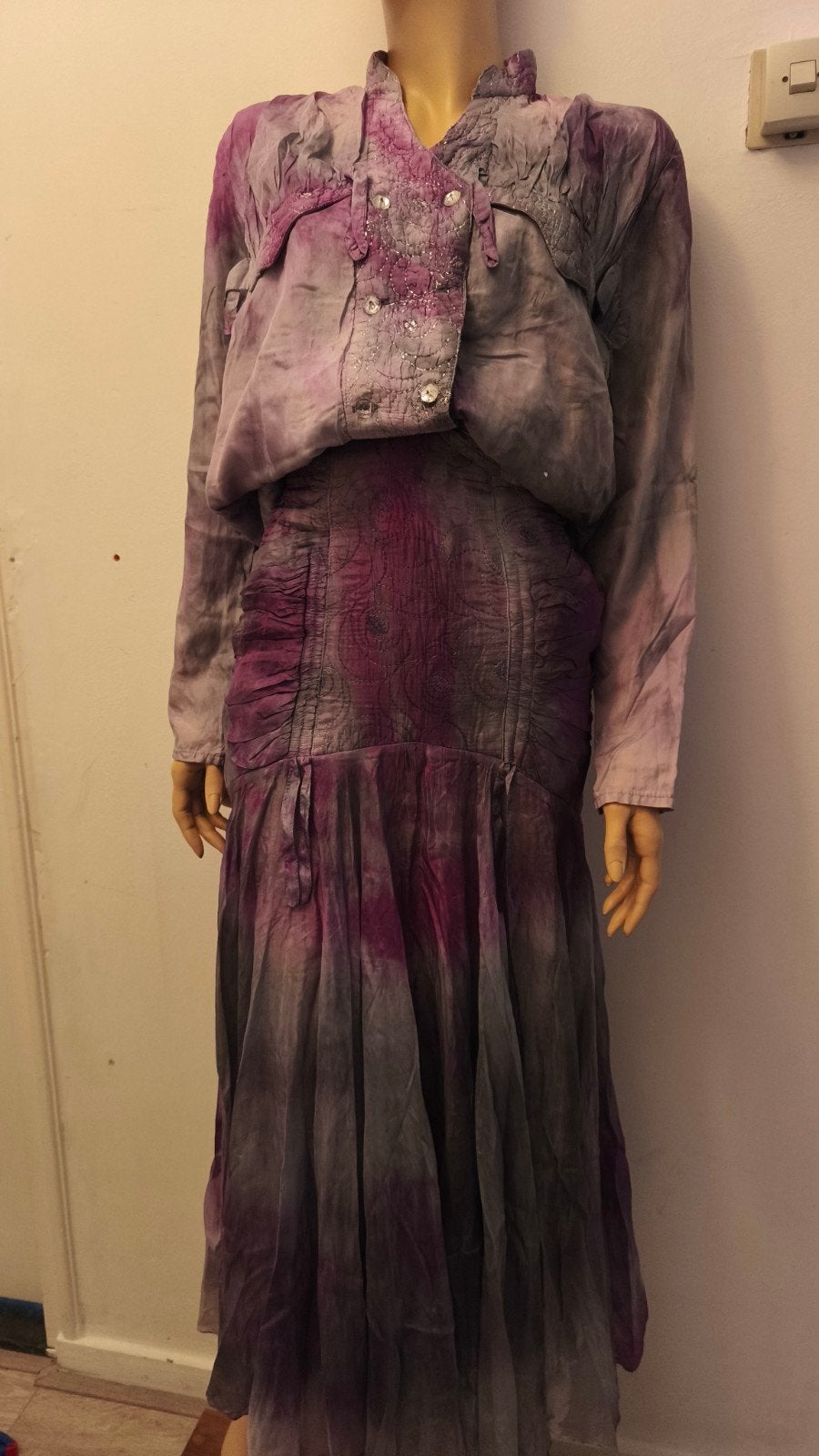Zijden Set 80s/90s – Blouse & Rok Handgemaakt / Quilted, Hand gemaakt boetiek, Paars, Ophalen of Verzenden, Zo goed als nieuw