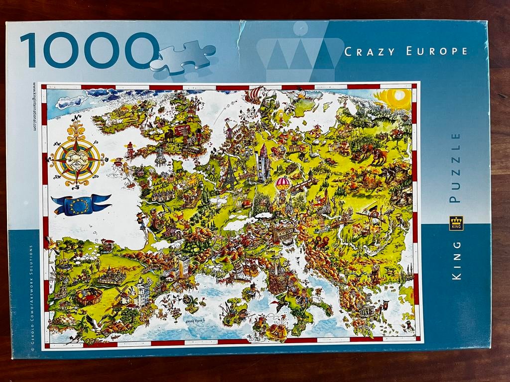 King cartoon puzzel Crazy Europe 1000 stukjes, Ophalen of Verzenden, 500 t/m 1500 stukjes, Gebruikt, Legpuzzel