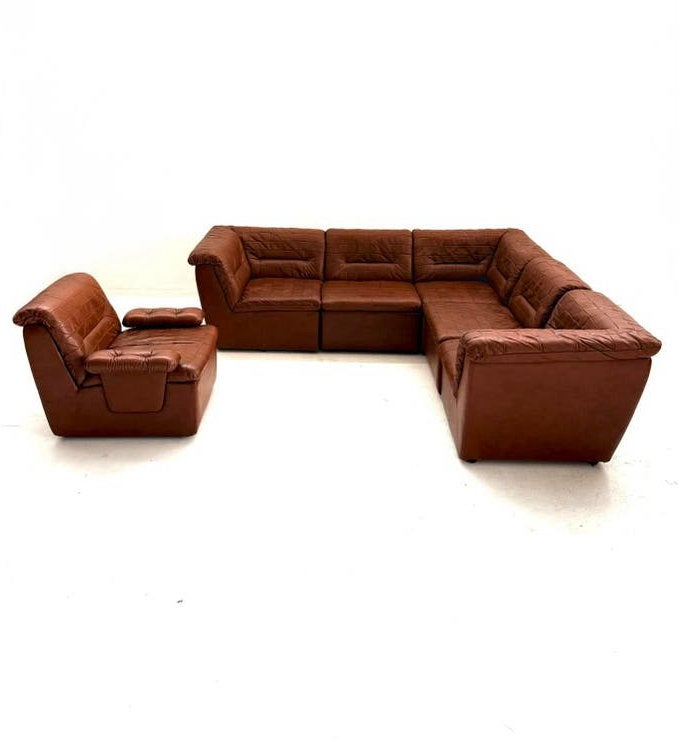 Vintage 6-delige modulaire patchwork elementenbank ‘80, Kunststof, Vintage retro buisframe design rotan webbing papercord deens