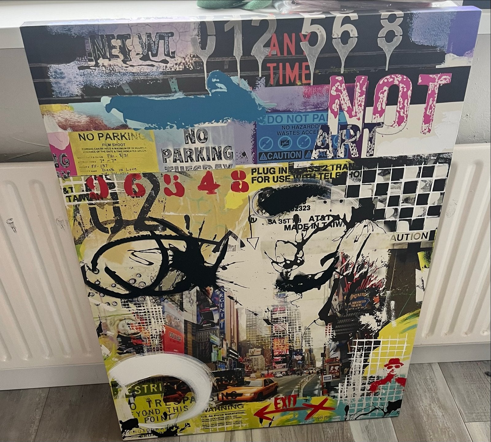 Modern Abstract Schilderij - Stadsgezicht met Tekst, Antiek en Kunst, Ophalen, Handgeschilderd, Gemengde techniek, Overige materialen