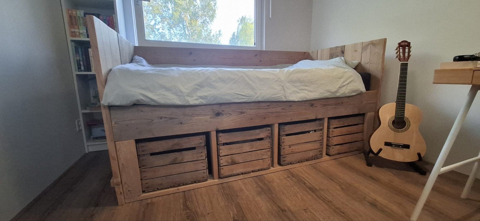 stijgerhouten bed met lattenbodem en matras, Ophalen, Gebruikt, 90 cm, Eenpersoons