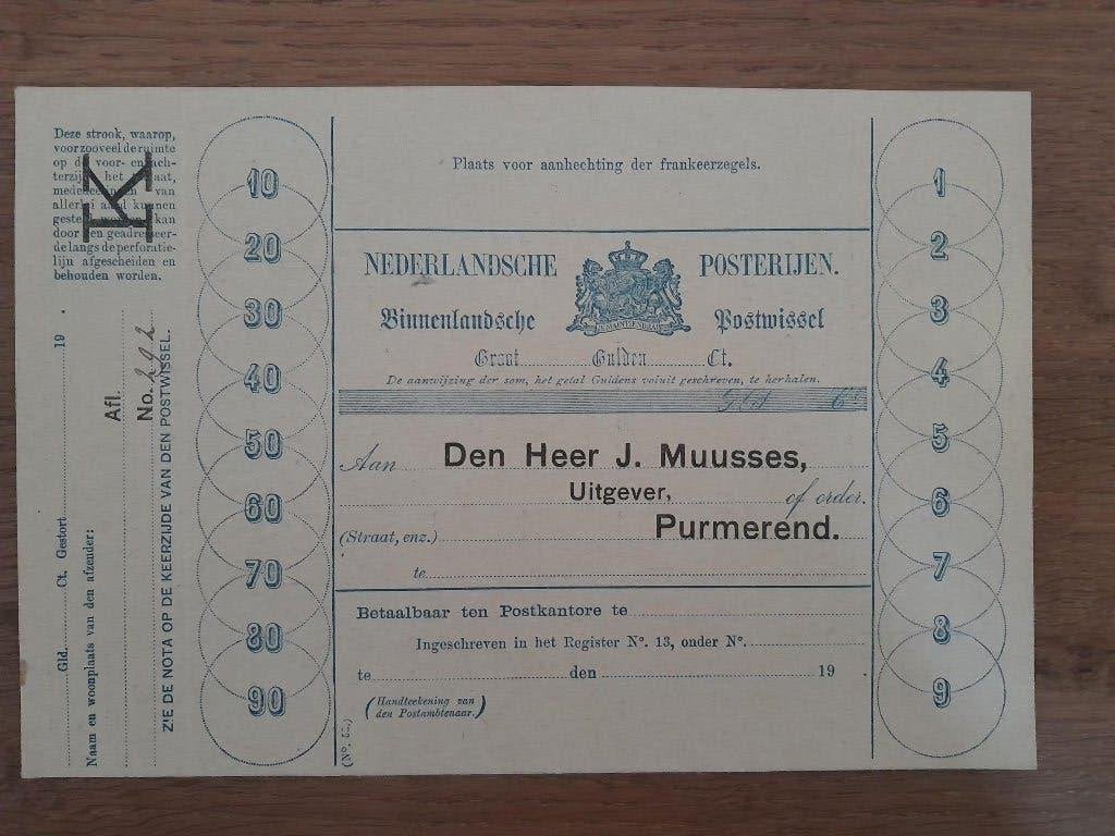 Nederlandsche Posterijen. Binnenlandsche  Postwissel, Ophalen of Verzenden, Zo goed als nieuw, Overige typen