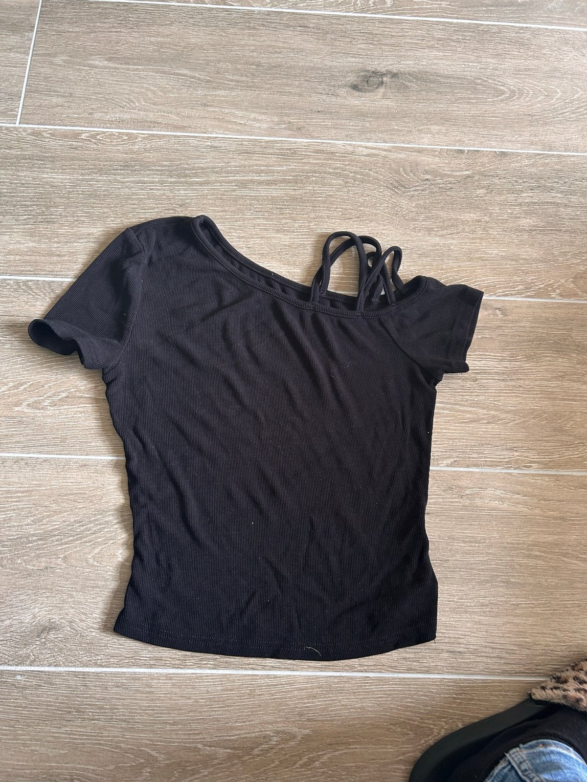 Zwart elastisch rib topje met bandjes - Maat XS/S, Zwart, Ophalen of Verzenden, Zo goed als nieuw, Korte mouw
