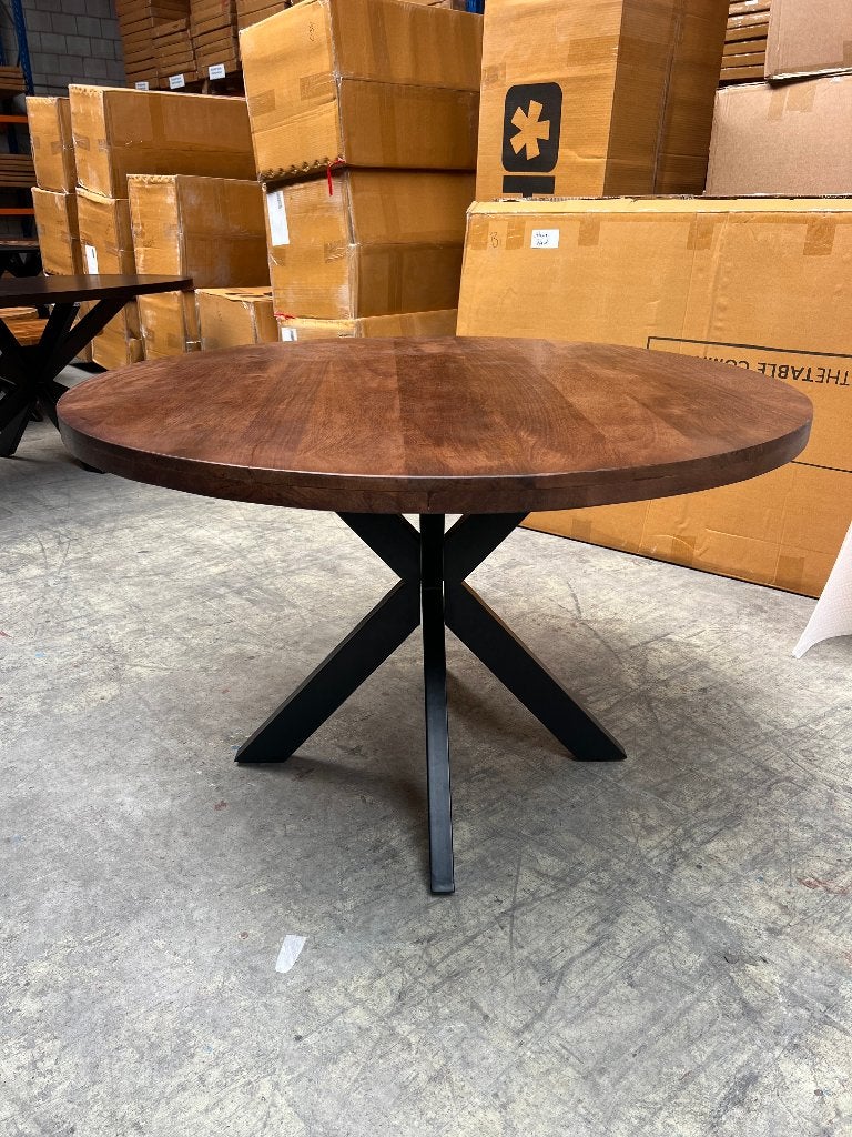 Ronde walnoot mango eettafel 120cm incl. spinpoot, Huis en Inrichting, Tafels | Eettafels, Ophalen, Rond, Nieuw, Vier personen