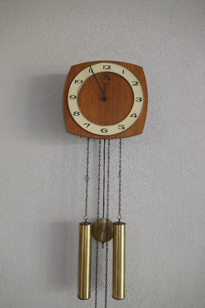 AMS Wandklok met Slinger, loopt niet, Huis en Inrichting, Bruin, Analoog, Ophalen of Verzenden, Handgemaakt