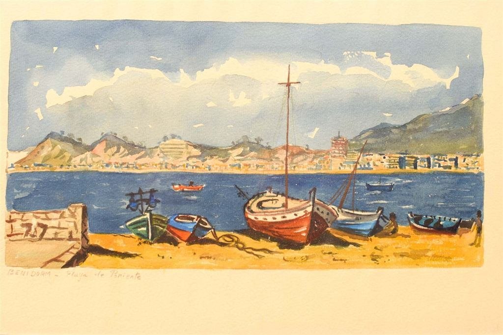 Schilderij/Prent van Benidorm - Playa de poniente 49602, Ophalen of Verzenden, Gebruikt, Schilderij