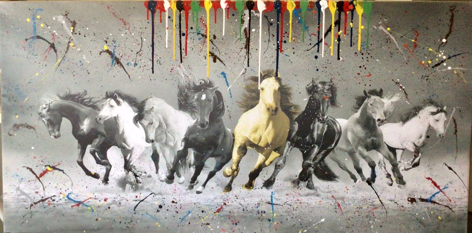 Rennende paarden- Katoenen canvasdoek- Mixed Media-70x140cm, Ophalen of Verzenden