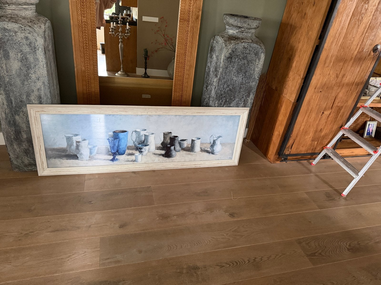 Prachtig schilderij met vazen en kruiken - 170x60 cm, Ophalen, Ingelijst, Stilleven