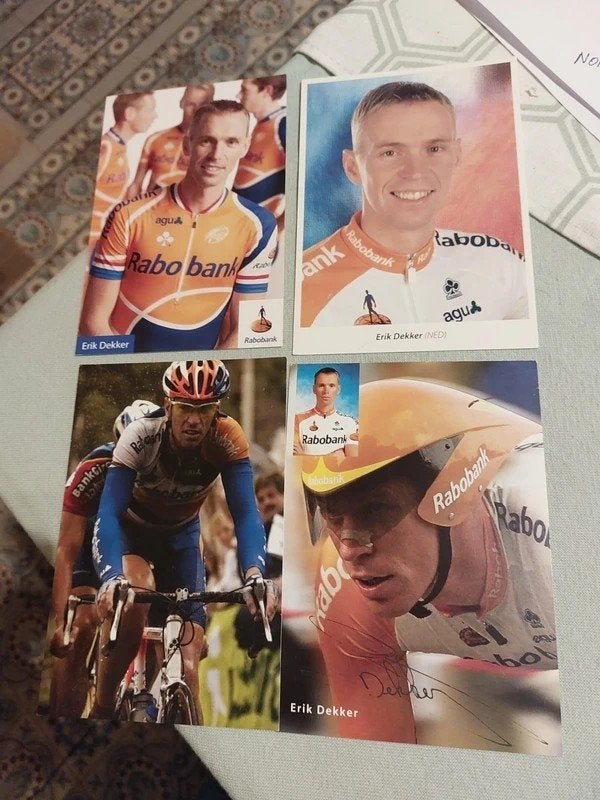 4 Wielerkaarten : Erik Dekker / Rabobank, Verzamelen, Ophalen of Verzenden, Gebruikt, Overige sporten, Poster, Plaatje of Sticker