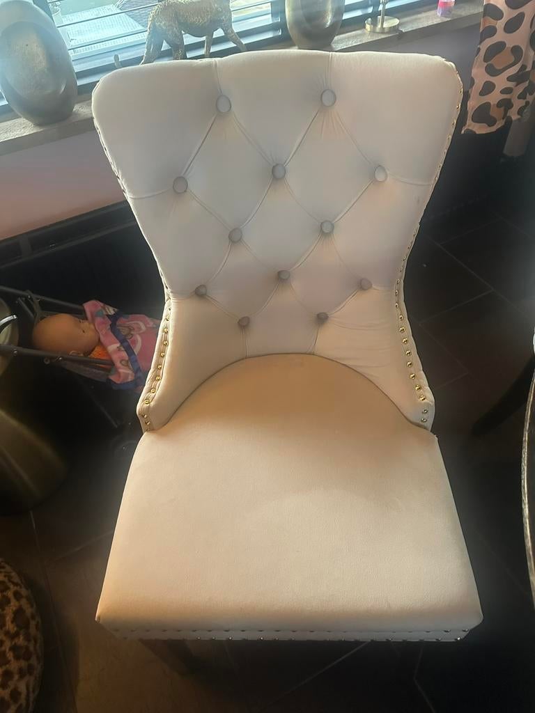 Mooie eetkamerstoelen 6 stuks met goudkleurige poten, Antiek en Kunst, Ophalen