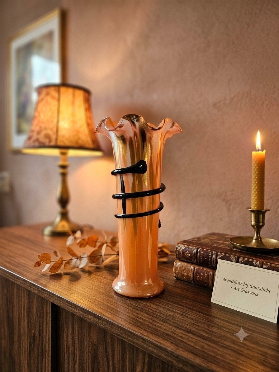 Opvallende Retro / Vintage Glazen Vaas – Oranje Gevlamd met, Antiek en Kunst, Ophalen of Verzenden