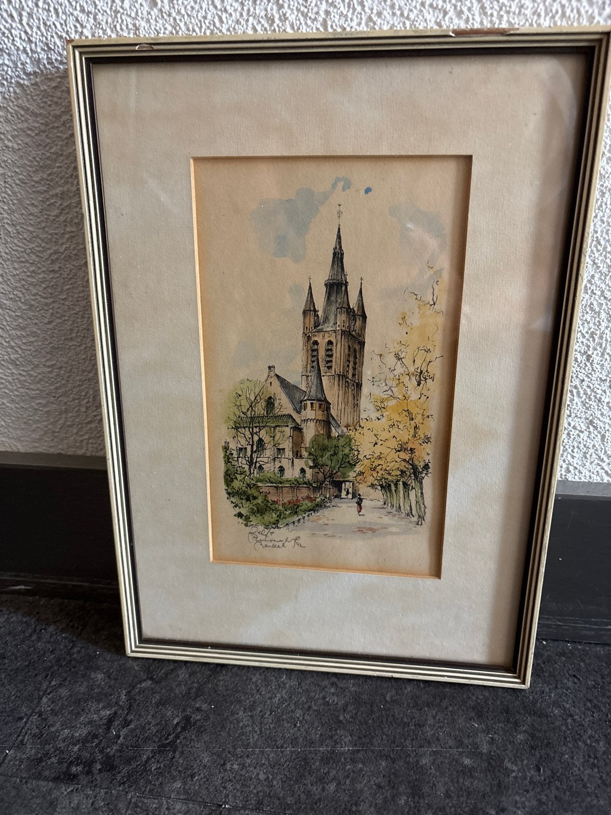 Oud schilderij: Kerk in Delft, gesigneerd, Ophalen of Verzenden, Gesigneerd, Klassiek, Aquarel