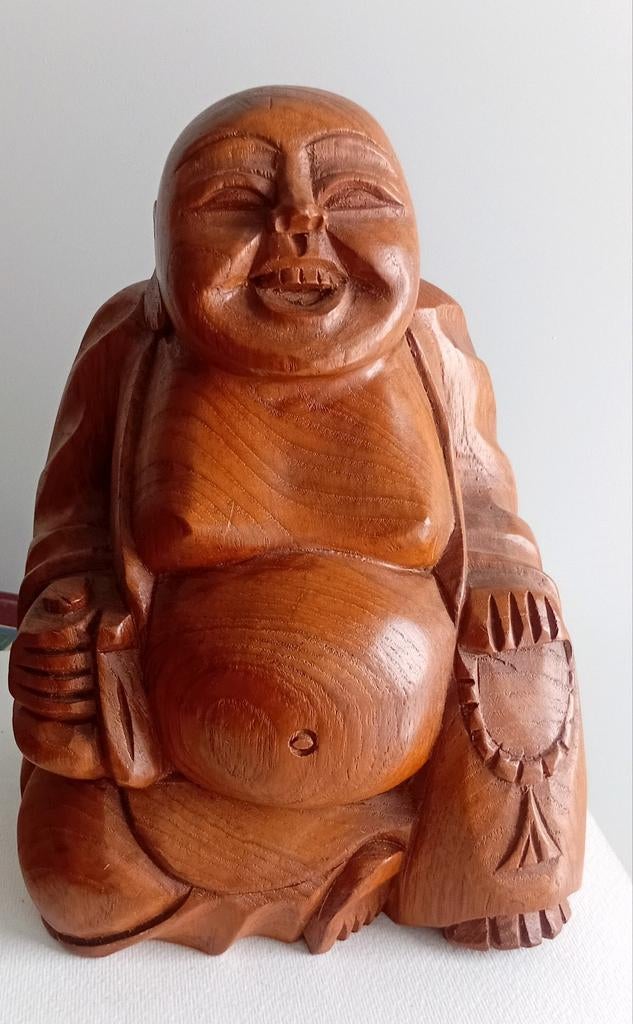 Vintage Boeddha Beeld Houtsnijwerk Teak Wood Laughing Buddha, Antiek en Kunst, Kunst | Beelden en Houtsnijwerken, Houtsnijwerk