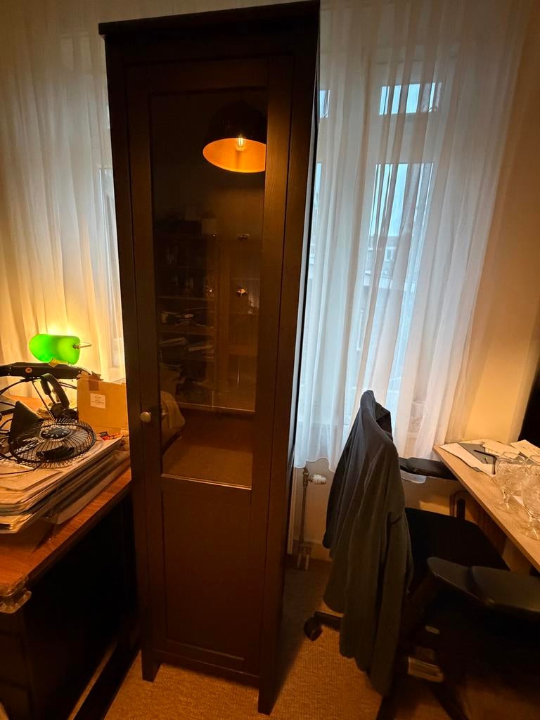 Hoge smalle kast met glazen deur - Donkerbruin, Minder dan 50 cm, Ophalen of Verzenden, Zo goed als nieuw, 150 tot 200 cm