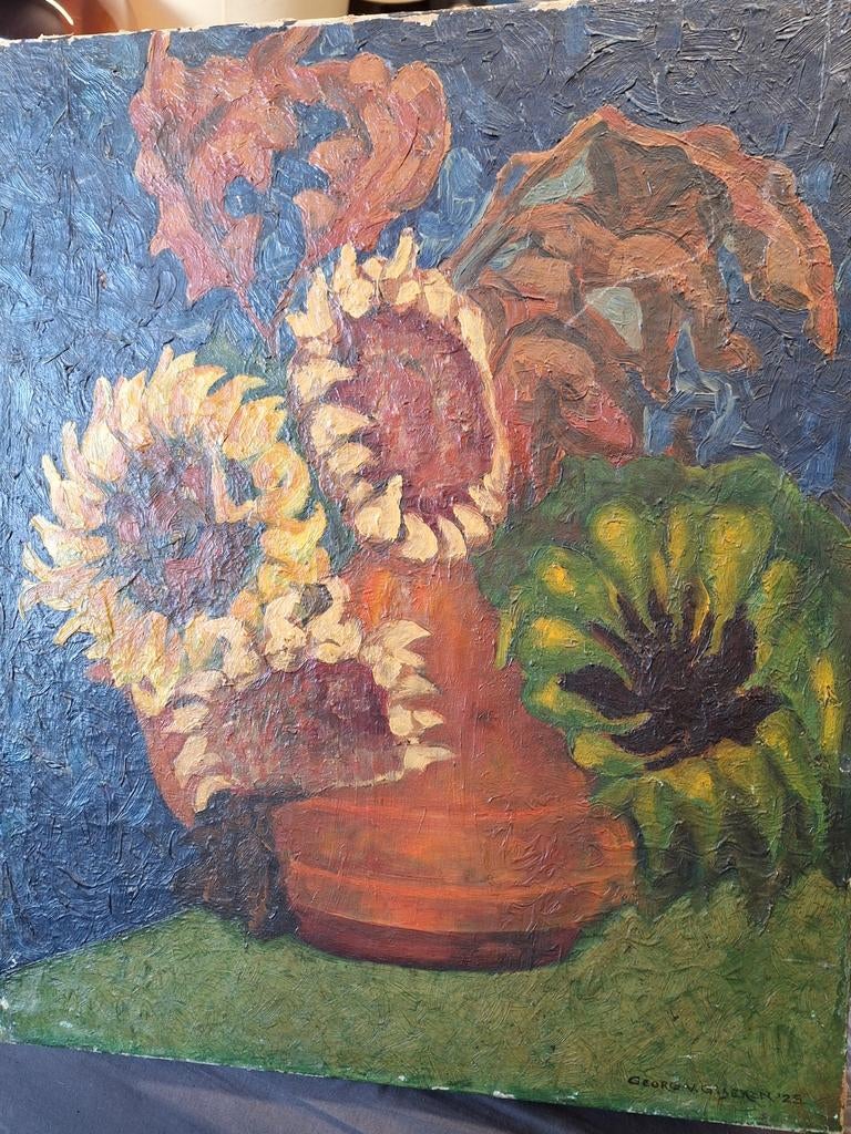Antiek gesigneerd olieverfschilderij op doek - Zonnebloemen, Ophalen