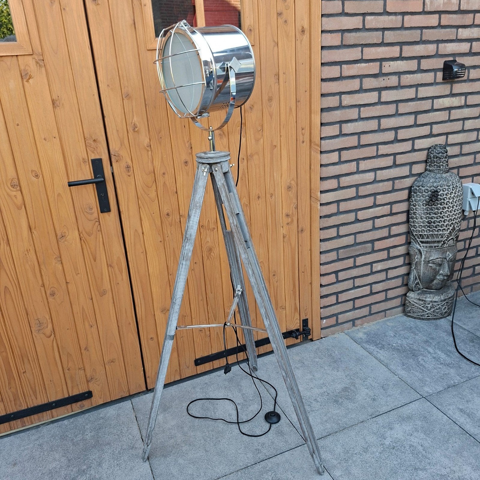 Industriële driepoot sfeerlamp - Greywash Houtlook Spot, Ophalen, Zo goed als nieuw, Hout, 150 tot 200 cm