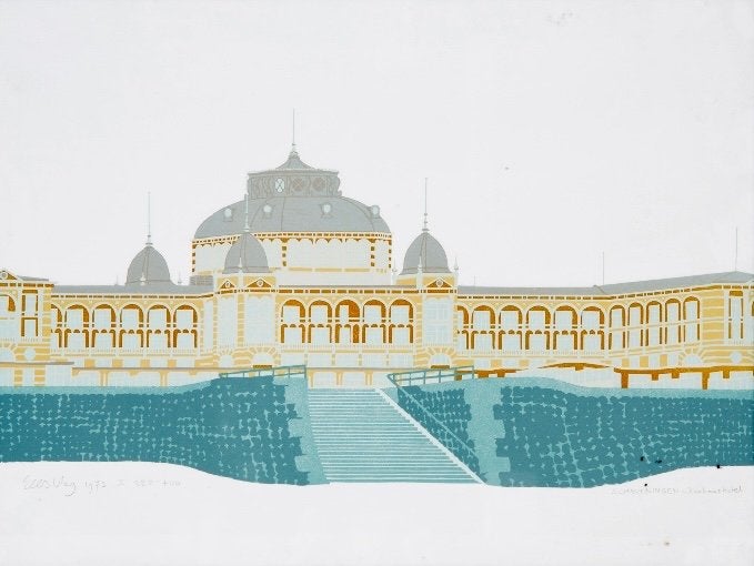 Cornelis Sees Vlag linosnede van het Kurhaus in Scheveningen, Antiek en Kunst, Gelimiteerde oplage, Overige onderwerpen, Ophalen
