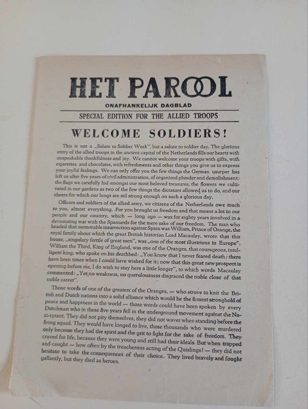 Het Parool special edition for Alied troops bevrijding., ., Ophalen of Verzenden, ., Nederland