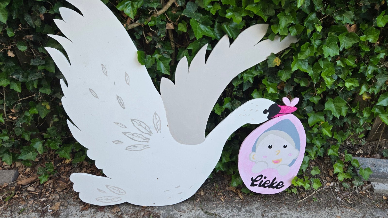 Geboortebord ooievaar met baby Lieke, Ophalen, Gebruikt, Geboortebord