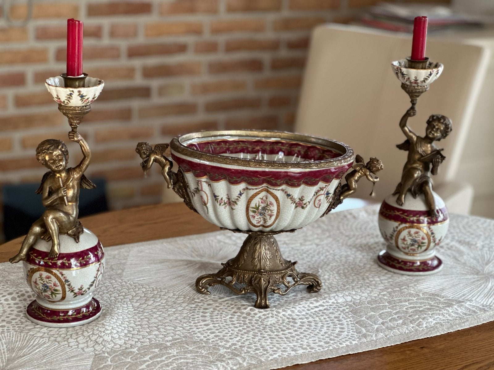 Antieke Porseleinen Kandelaars en Fruitschaal Set - 1895, Ophalen