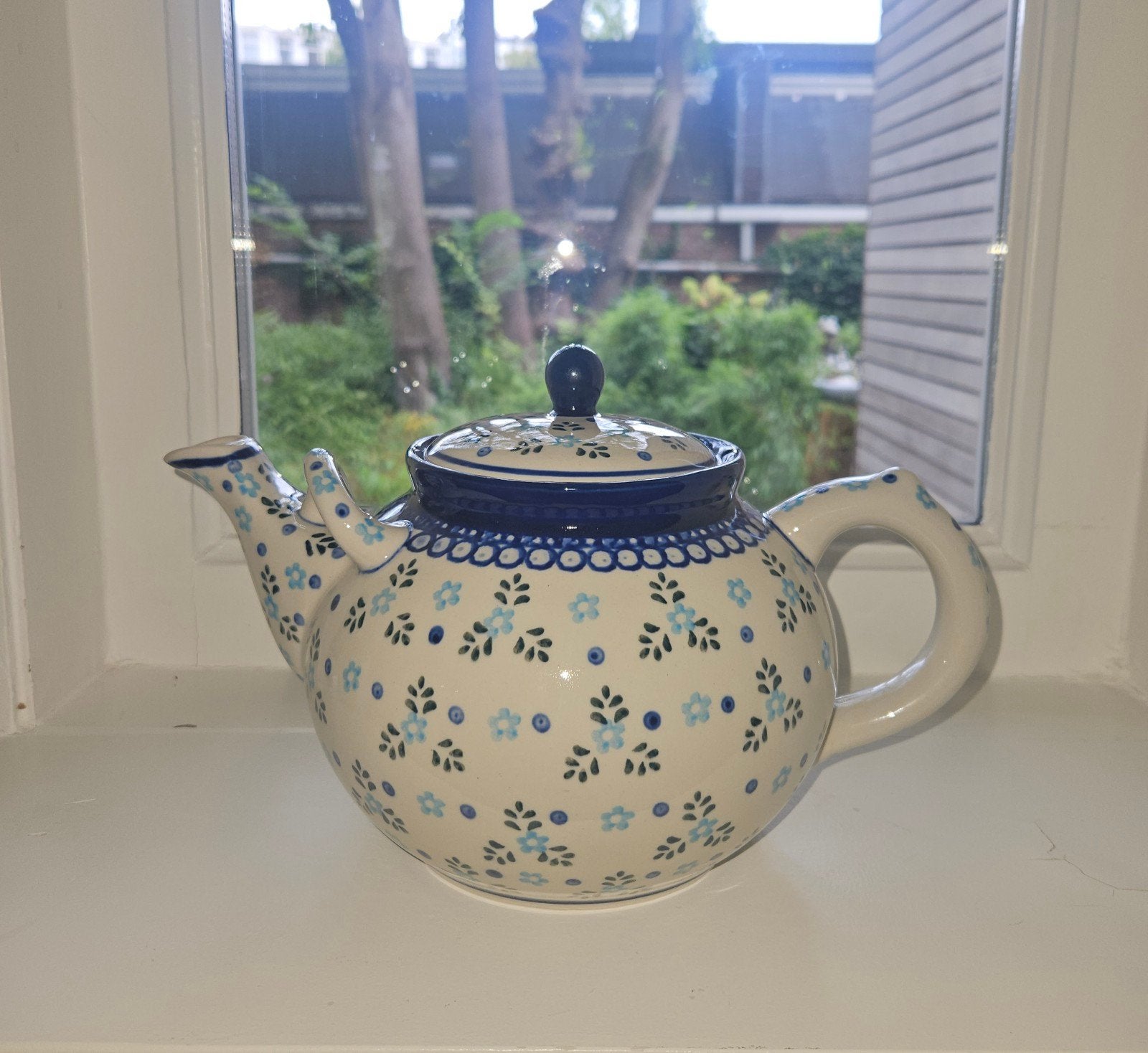 Handgemaakte Boleslawiec theepot, blauw bloemmotief, Ophalen