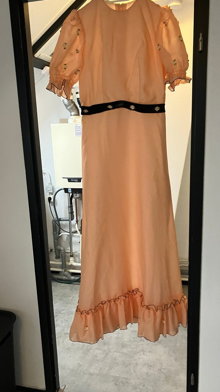 Vintage Trouwjurk 1975 - Zalm/Oranje - Maat 40, Ophalen, Gedragen, Overige kleuren, Trouwjurk