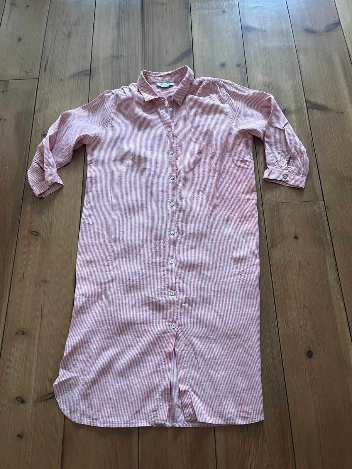 Mooie koraalrode beige linnen jurk Bellamy, L/XL, Verzenden, Beige, Maat 46/48 (XL) of groter, Zo goed als nieuw