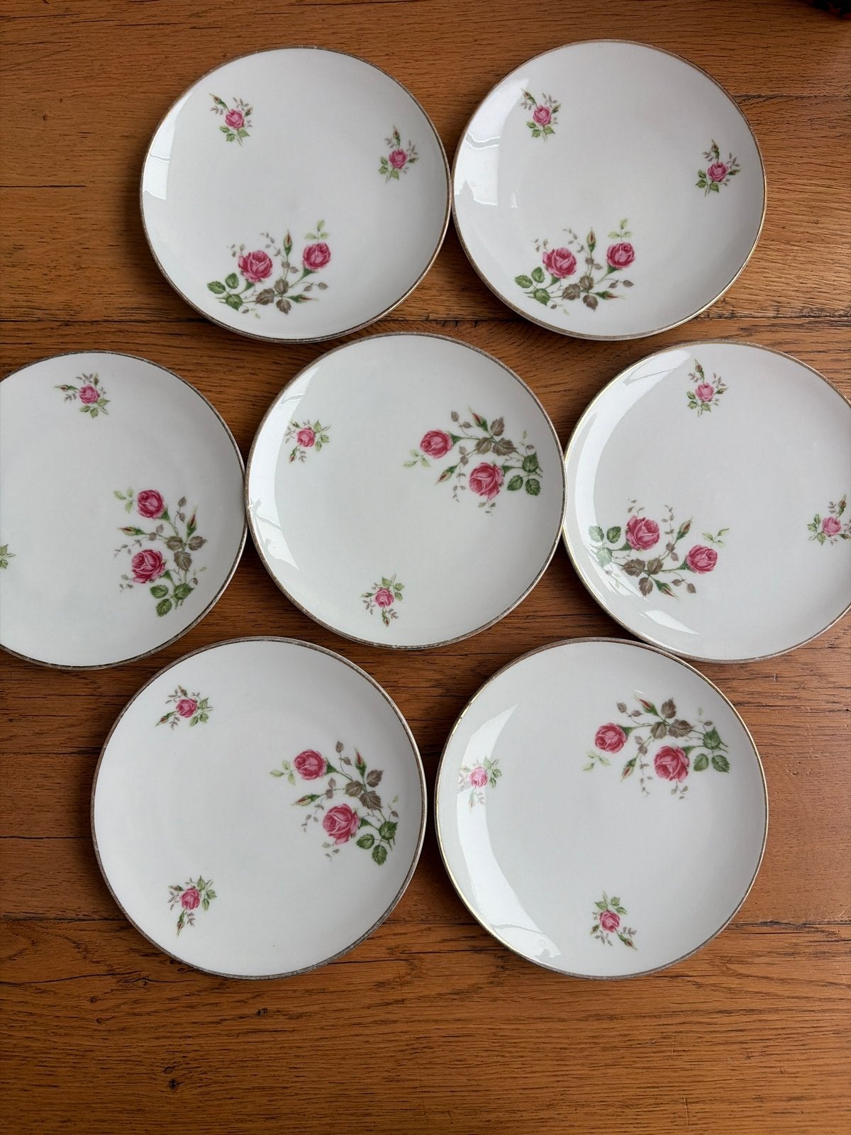 7 vintage gebaksbordjes P.Muller Selb-Bavaria rozenmotief, Antiek en Kunst, Antiek | Porselein, Ophalen of Verzenden