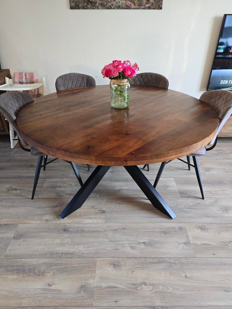 Eettafel rond mangohout 150cm bruin, Huis en Inrichting, Tafels | Eettafels, Ophalen, Rond, 100 tot 150 cm, 100 tot 150 cm