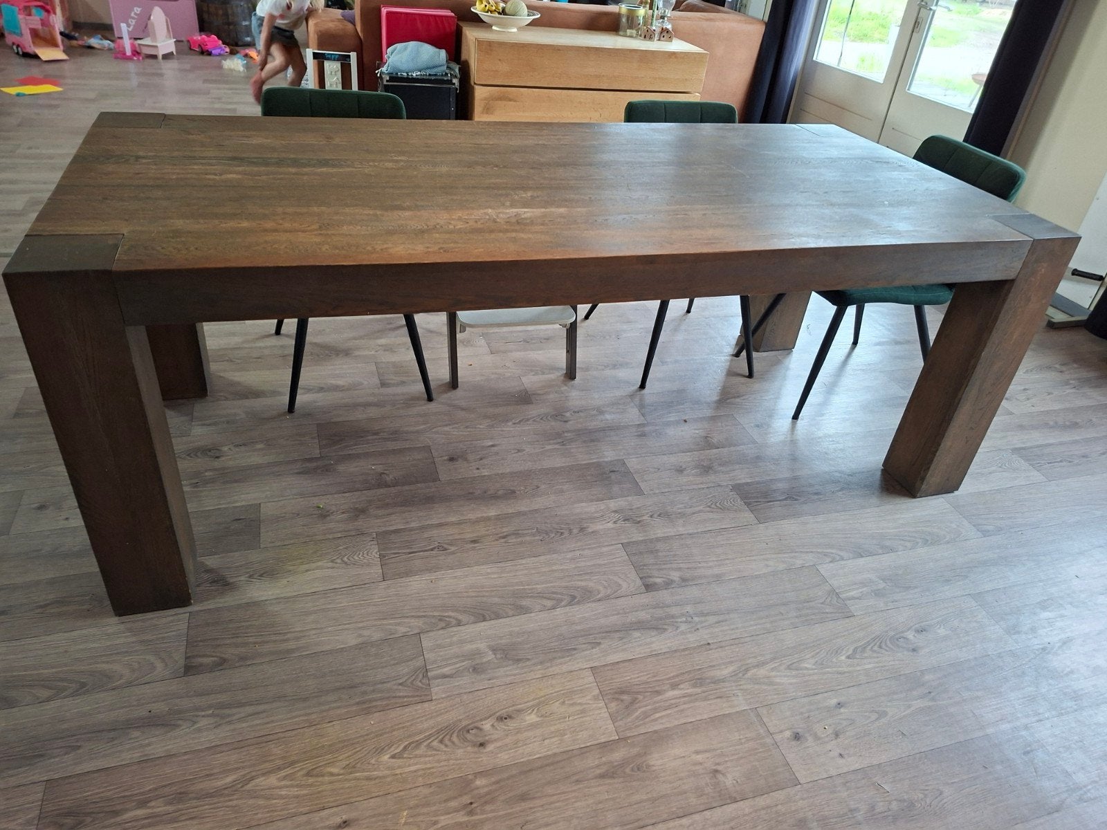 Houten eettafel donker bruin, Ophalen, Gebruikt, 200 cm of meer, 50 tot 100 cm
