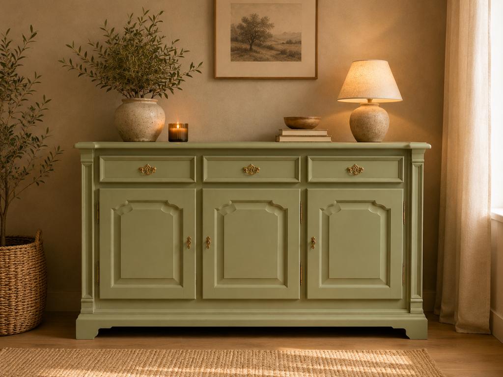 Vintage Landelijk Dressoir – Sage Green / Kaki Groen, Ophalen, Met deur(en), 150 tot 200 cm, Vintage
