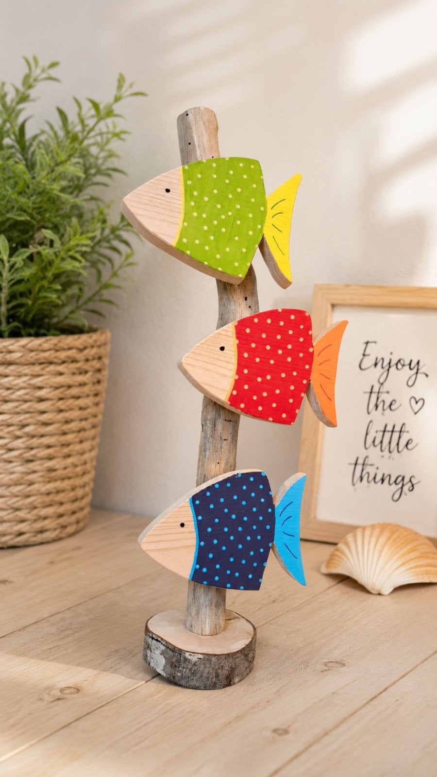 Handgemaakte houten vissen op paal - kleurrijke decoratie, Ophalen of Verzenden, Nieuw