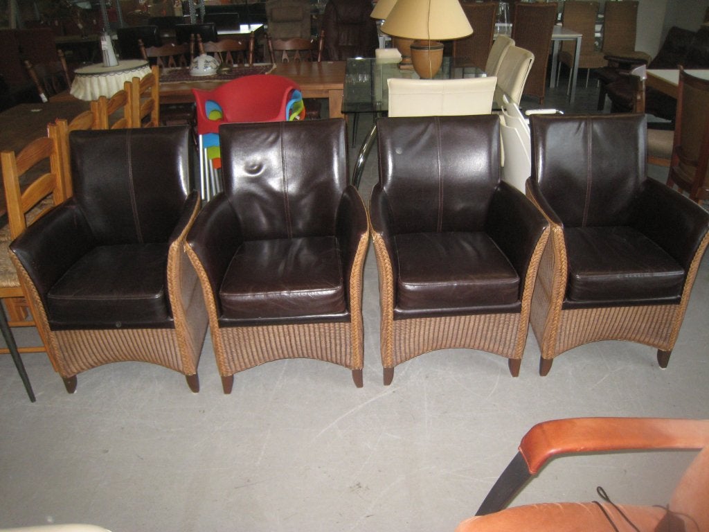 4 Lloyd Loom eetstoelen, leer en rotan, Niet ingevuld, Gebruikt, Niet ingevuld, Niet ingevuld