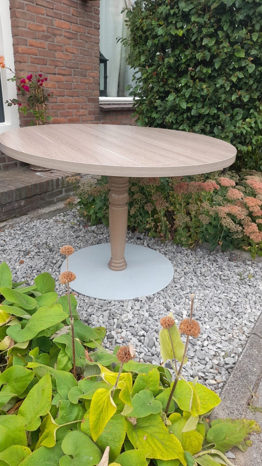 Ronde eettafel met houtlook blad en stevige poot, Gebruikt, 50 tot 100 cm, Rond, Tot twee personen