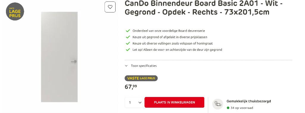 opdekdeur 73 x 201,5 cando, Doe-het-zelf en Verbouw, Deuren en Horren, Ophalen, Minder dan 80 cm, Binnendeur, Nieuw