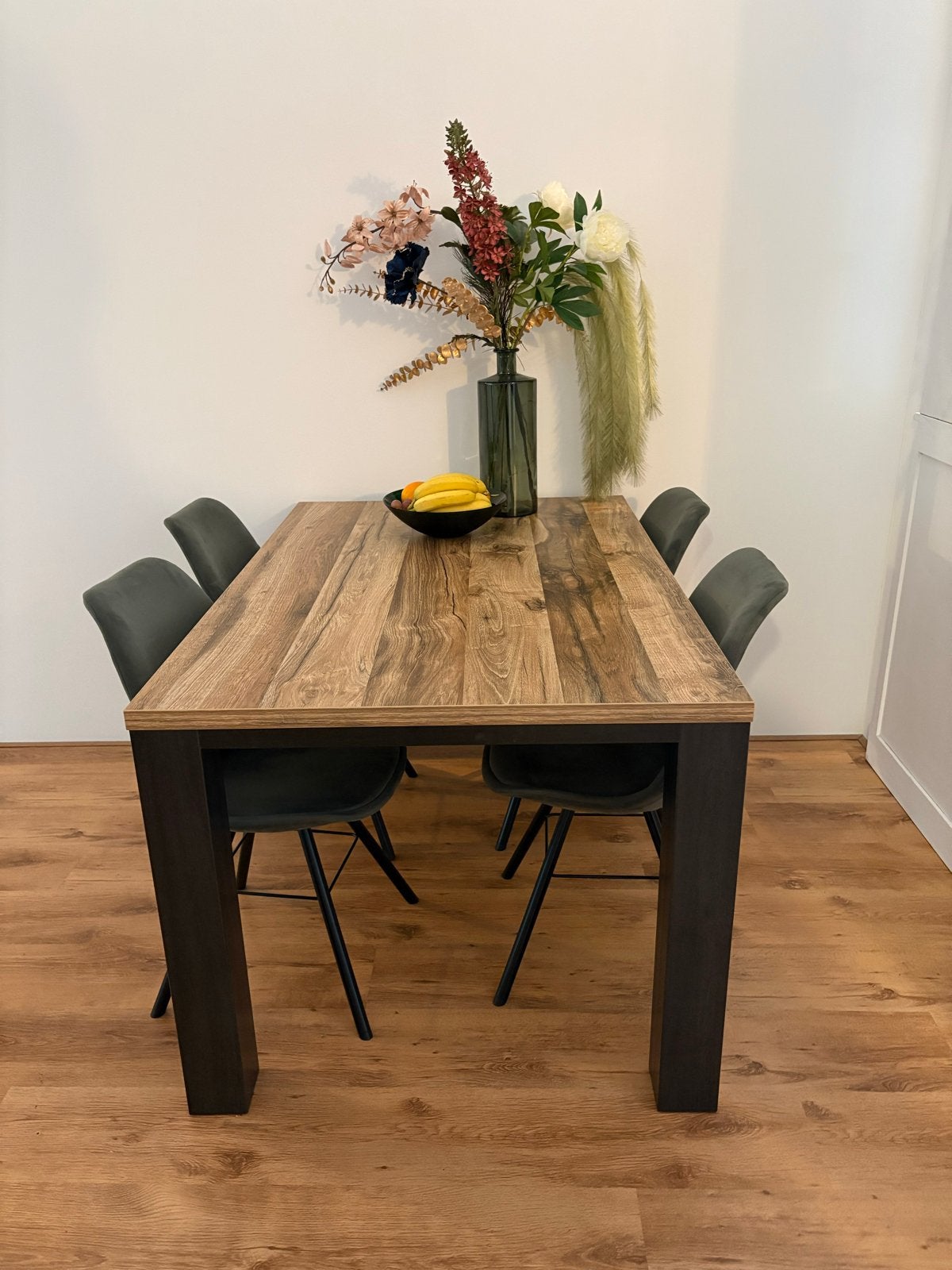 Eettafel met houtlook blad en donkere poten, Ophalen, Gebruikt, 100 tot 150 cm, 50 tot 100 cm