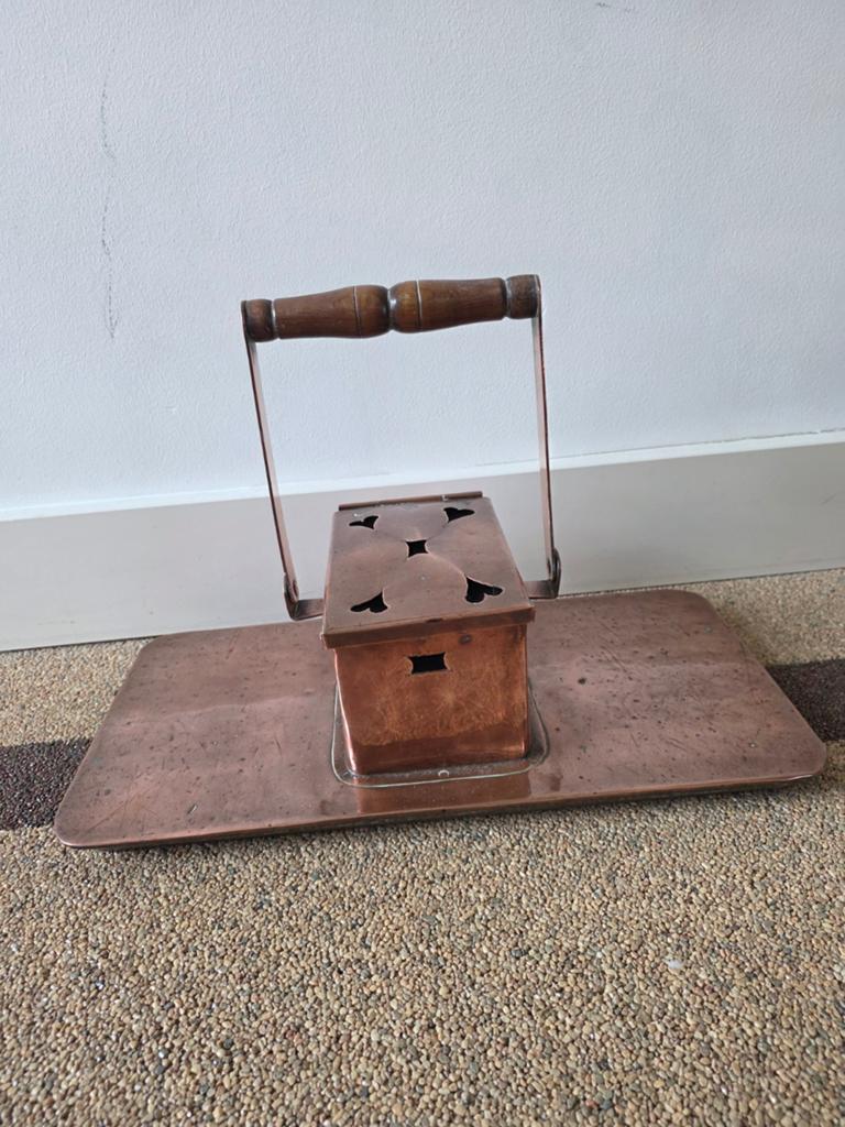 Antiek koperen rijtuigstoof met houten handvat, Ophalen of Verzenden, Koper