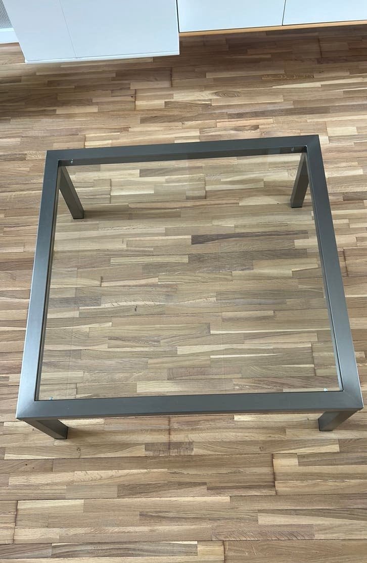 Salontafel met glazen blad en rvs frame, Ophalen, Gebruikt, Vierkant, Glas