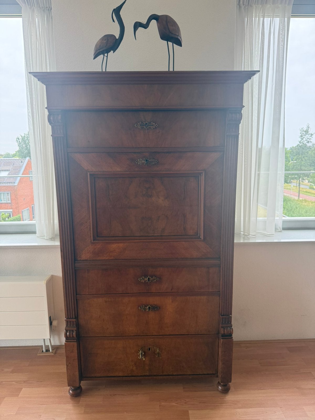 Antieke notenhouten secretaire met klepkast / fraaiinterieur, Ophalen