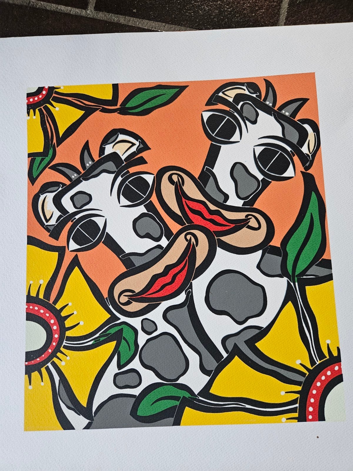 Vrolijke Zeefdruk Koeien - Kleurrijk Kunstwerk, Antiek en Kunst, Kunst | Litho's en Zeefdrukken, Ophalen of Verzenden, Dieren en Natuur