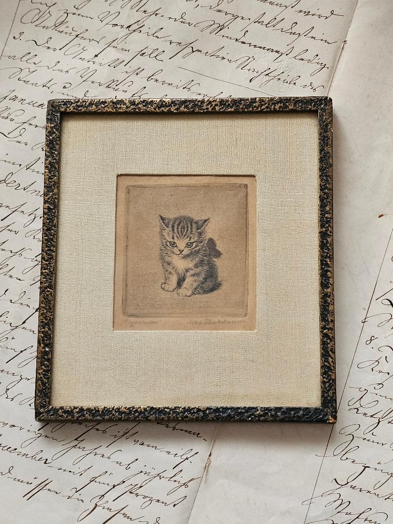 Charmant katje van META PLÜCKEBAUM 'Regenwetter' / ets, Antiek en Kunst, Kunst | Etsen en Gravures, Ophalen of Verzenden