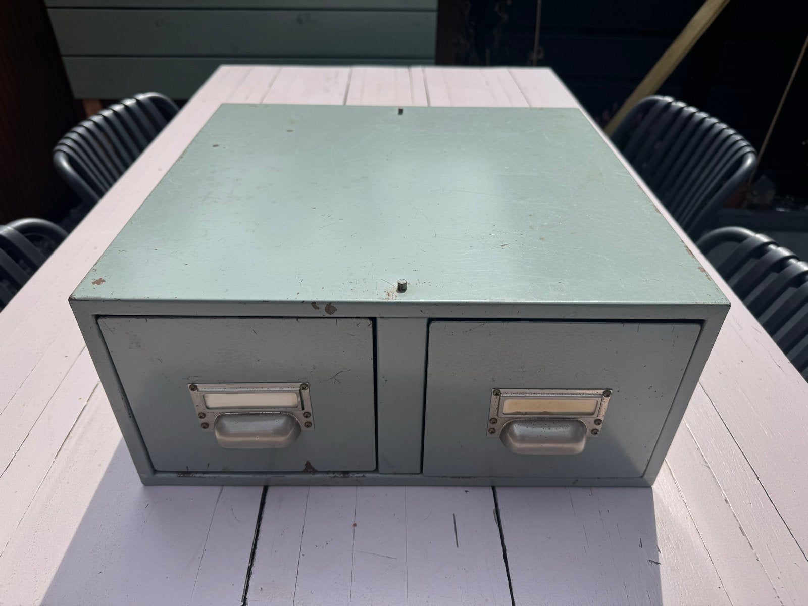 Vintage metalen kaartenbak/fichebak (2 lades) Industrieel, Ophalen