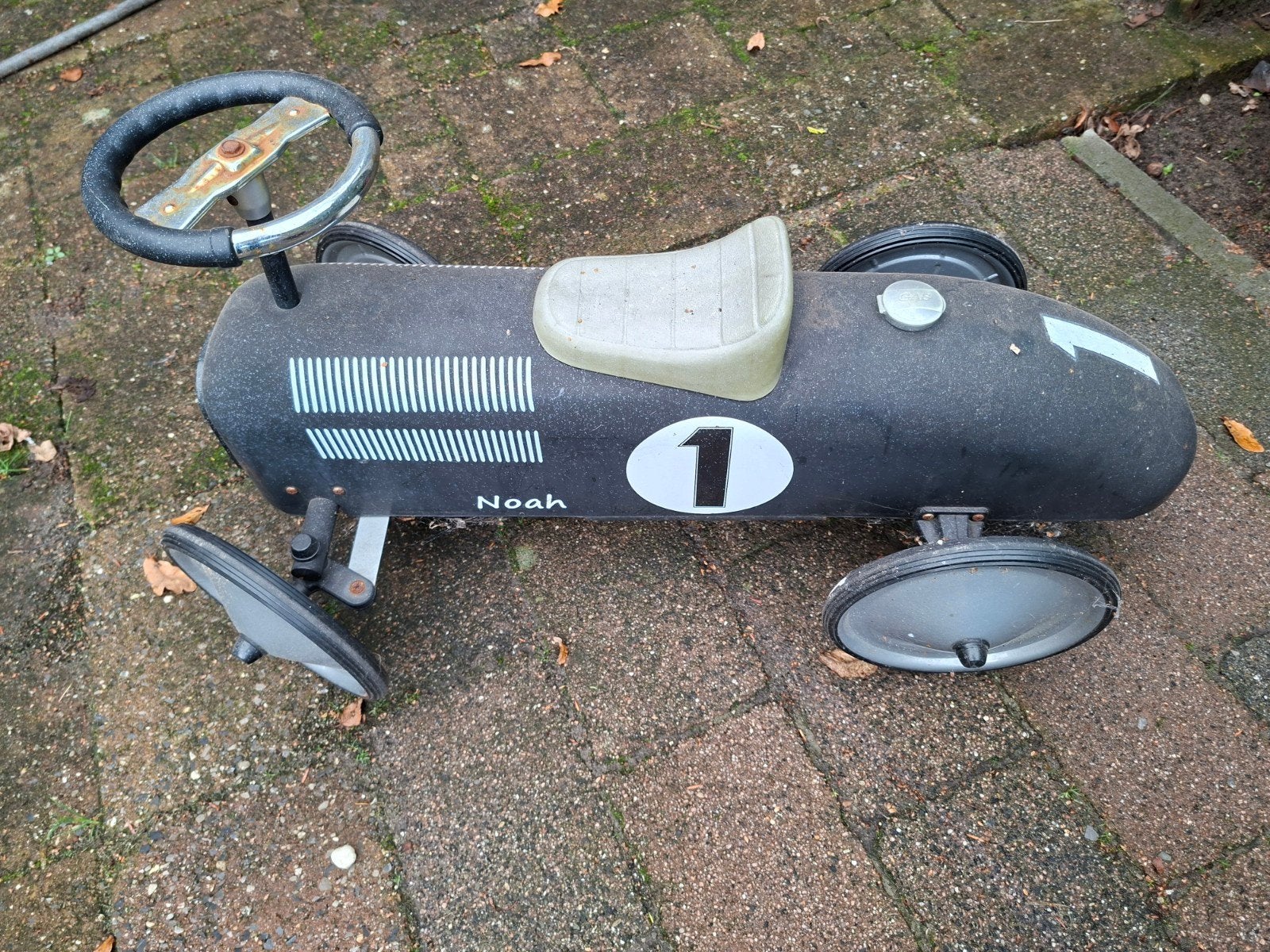 Vintage Trapauto Raceauto Zwart - Nummer 1, Ophalen of Verzenden, Gebruikt, Trapvoertuig