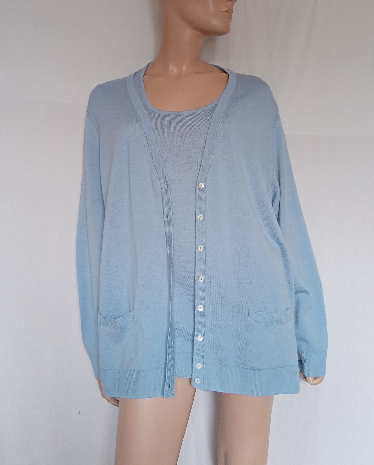 PETER HAHN TWINSET , Maat 46 , PURE NEW WOL, Ophalen of Verzenden, Zo goed als nieuw, Maat 46/48 (XL) of groter, Blauw