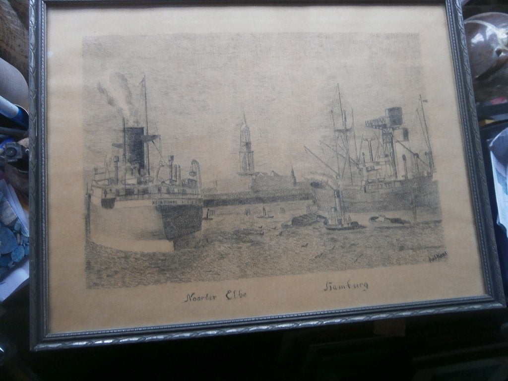 In grijs lijstje mooie tekening van de Noorder Elbe Hamburg, Ophalen of Verzenden, Tekening, Potloodtekening
