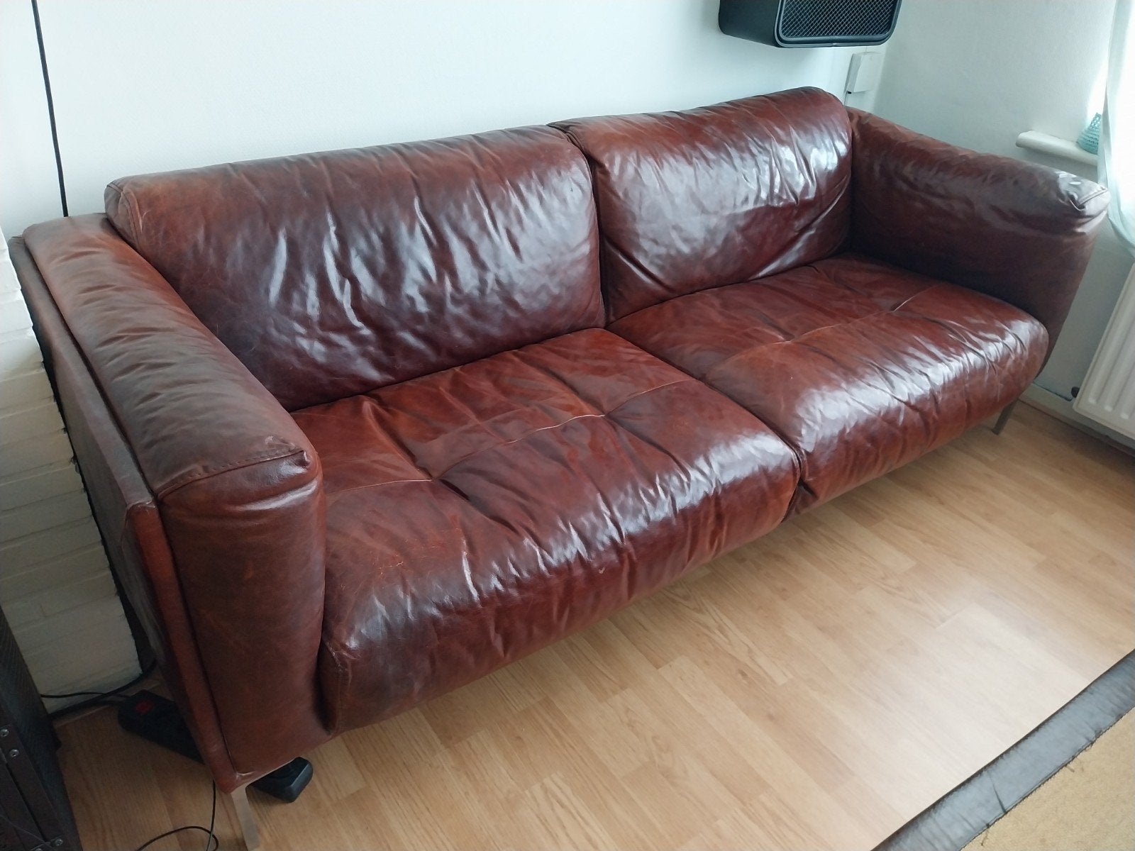 Vintage bruin buffel leer bank, Huis en Inrichting, Ophalen, Gebruikt, Vintage, Industrieel, Retro, Driepersoons